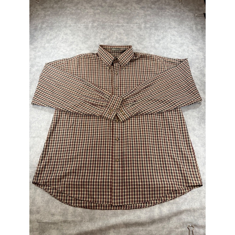 Van Heusen Wrinkle Free Long Sleeve Button Down Shirt Large Plaid Brown Blue Tan